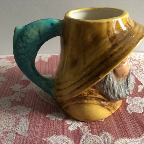 vintage ceramic mug man face head hat fish handle signed 4.5" tall - Picture 3 of 6